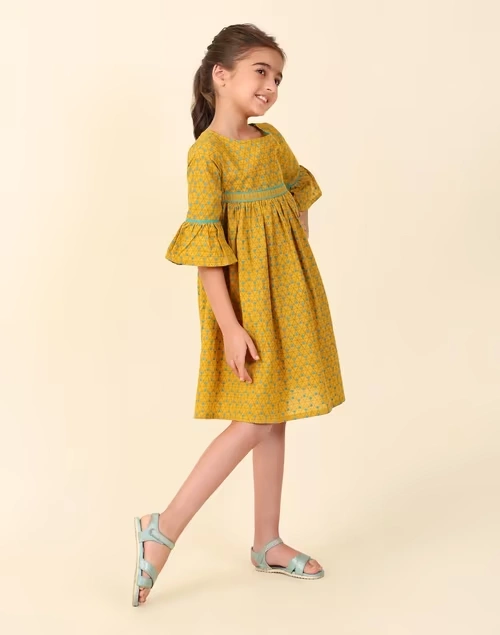 Yellow Cotton Printed Dress