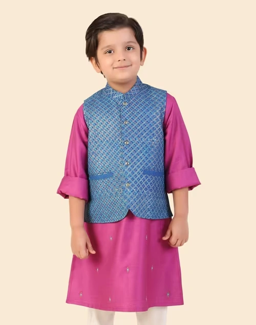 Blue Viscose Silk Hand Block Printed Jacket