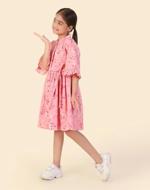 Pink Cotton Printed Dress