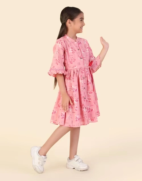 Pink Cotton Printed Dress