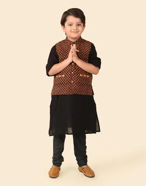 Black Cotton Bagru Printed Jacket & Kurta