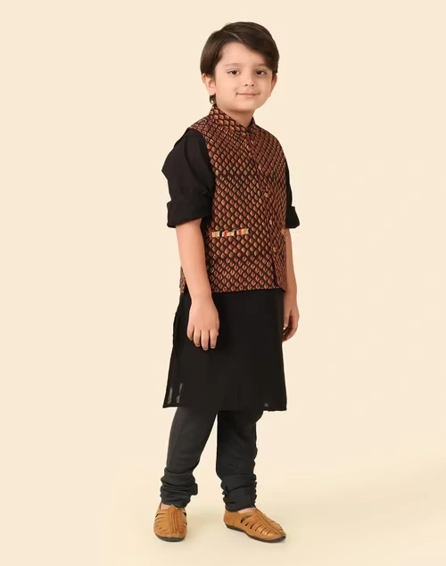 Black Cotton Bagru Printed Jacket & Kurta