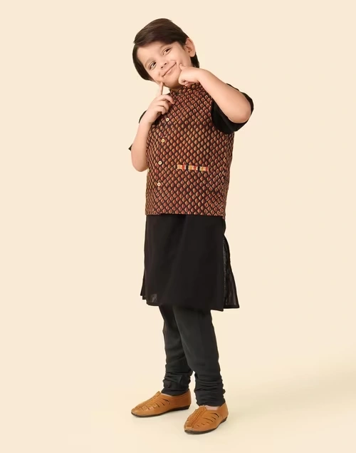 Black Cotton Bagru Printed Jacket & Kurta