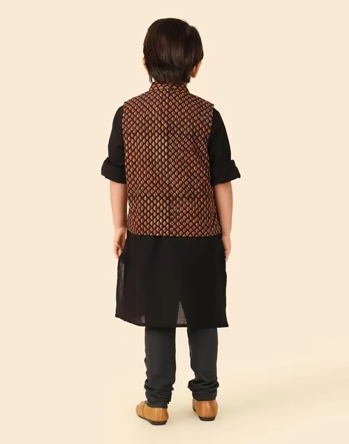 Black Cotton Bagru Printed Jacket & Kurta
