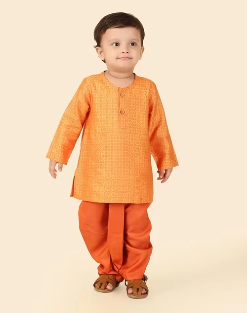 Orange Viscose Silk Hand Block Printed Dhoti & kurta