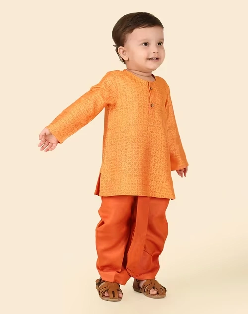 Orange Viscose Silk Hand Block Printed Dhoti & kurta