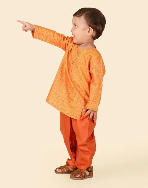 Orange Viscose Silk Hand Block Printed Dhoti & kurta 3 Orange Viscose Silk Hand Block Printed Dhoti & kurta