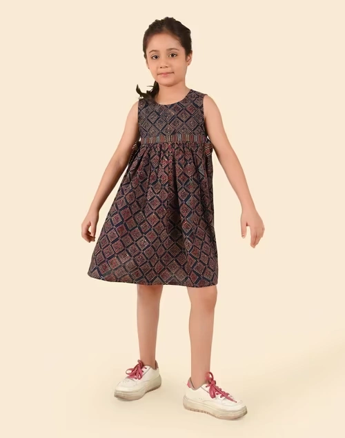 Indigo Cotton Ajrakh Printed Dress