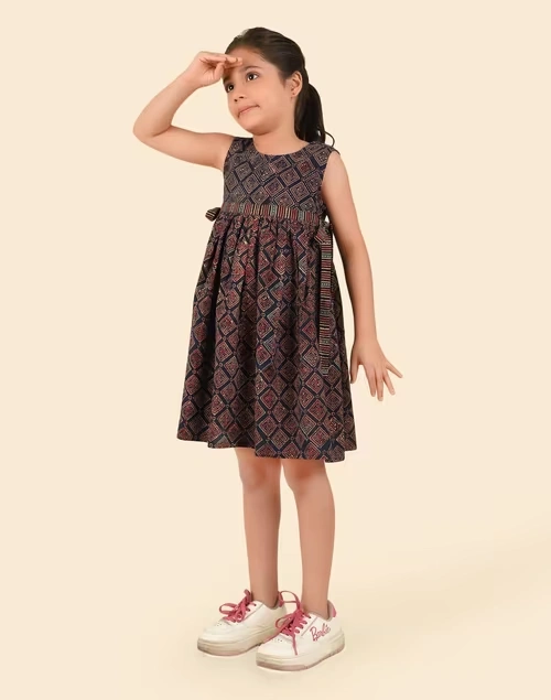 Indigo Cotton Ajrakh Printed Dress