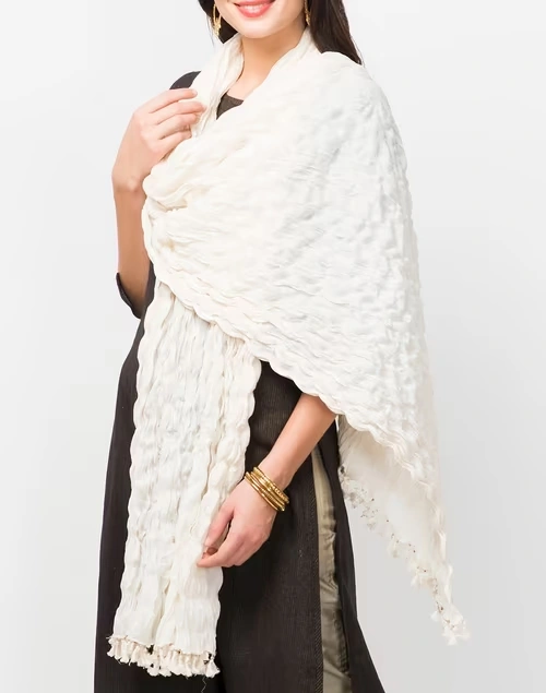 Beige Cotton Mull Plain Phunka Crinkle Dupatta