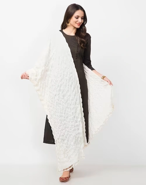 Beige Cotton Mull Plain Phunka Crinkle Dupatta