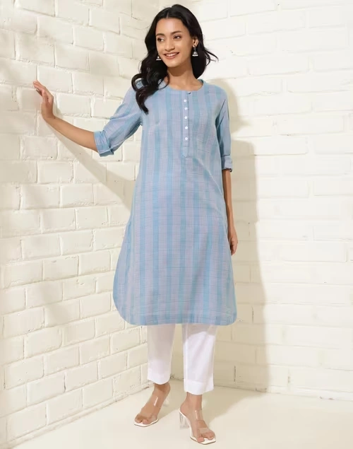 Blue Cotton Striped Knee Length Kurta