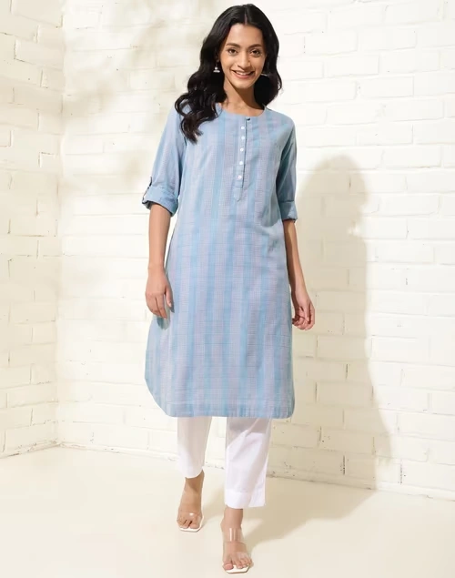 Blue Cotton Striped Knee Length Kurta