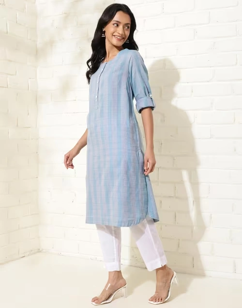Blue Cotton Striped Knee Length Kurta