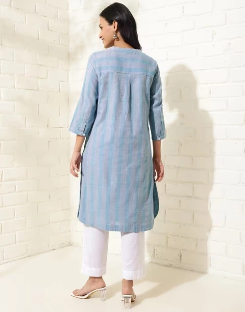 Blue Cotton Striped Knee Length Kurta