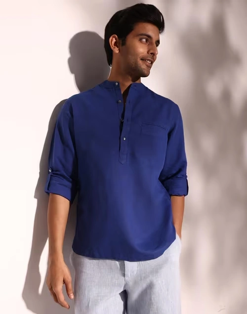Blue Linen Blend Slim Fit Mid Placket Shirt