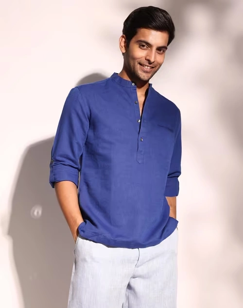 Blue Linen Blend Slim Fit Mid Placket Shirt