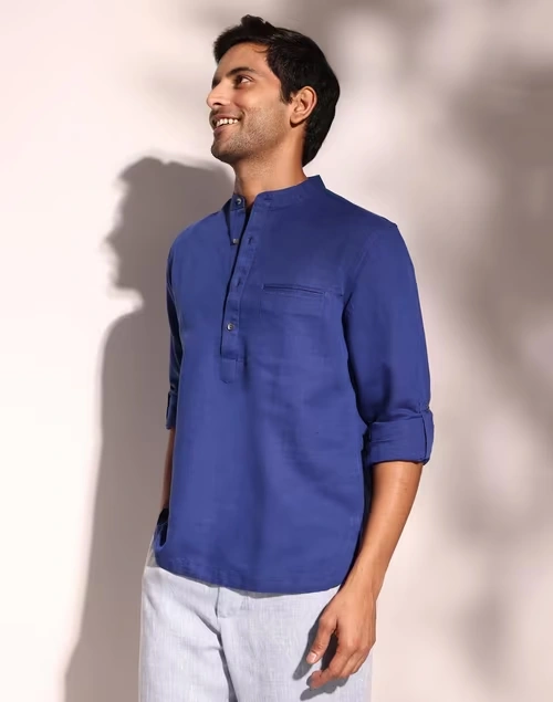 Blue Linen Blend Slim Fit Mid Placket Shirt 3 Blue Linen Blend Slim Fit Mid Placket Shirt