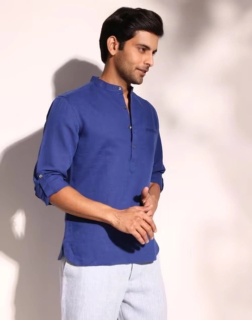 Blue Linen Blend Slim Fit Mid Placket Shirt 4 Blue Linen Blend Slim Fit Mid Placket Shirt