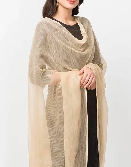 Beige Cotton Silk Kota Woven Plain Dupatta