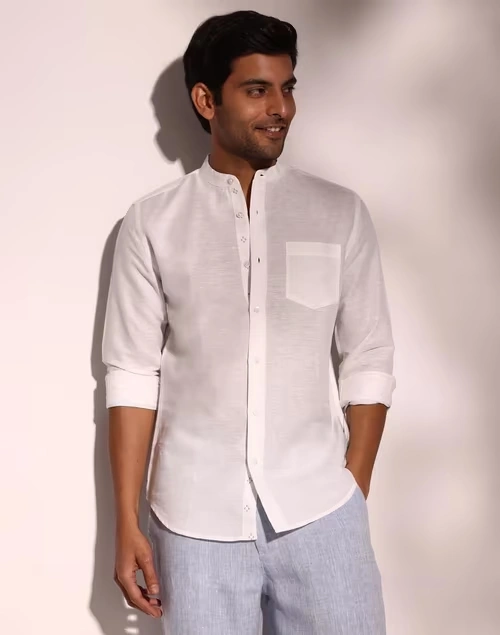 White Linen Blend Slim Fit Shirt