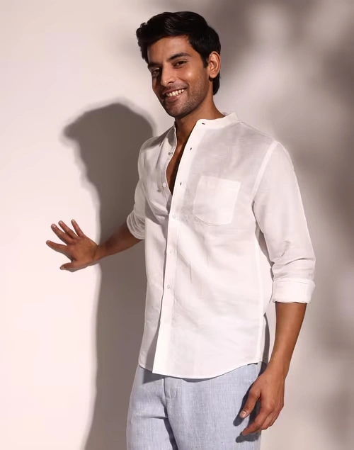 White Linen Blend Slim Fit Shirt