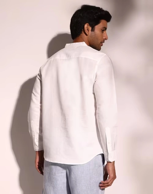 White Linen Blend Slim Fit Shirt