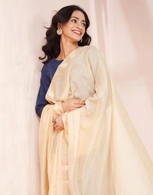 Beige Cotton Silk Woven Dupatta