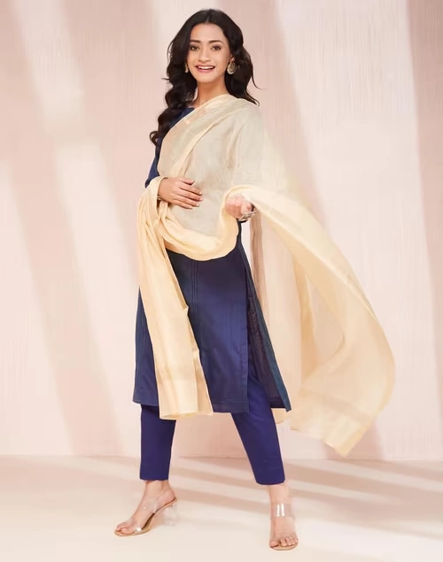Beige Cotton Silk Woven Dupatta