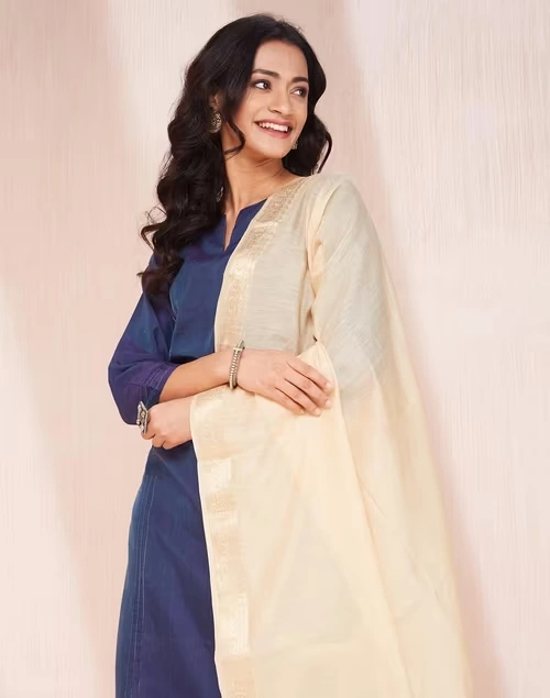 Beige Cotton Silk Woven Dupatta