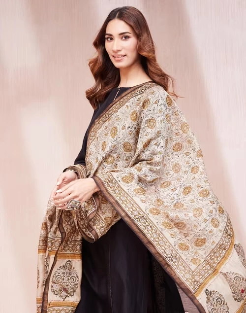 Beige Cotton Silk Blend Printed Dupatta