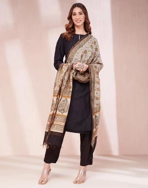 Beige Cotton Silk Blend Printed Dupatta