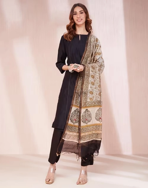 Beige Cotton Silk Blend Printed Dupatta