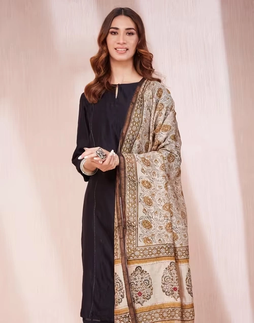 Beige Cotton Silk Blend Printed Dupatta