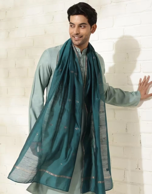 Teal Cotton Silk Blend Jamdani Men Stole