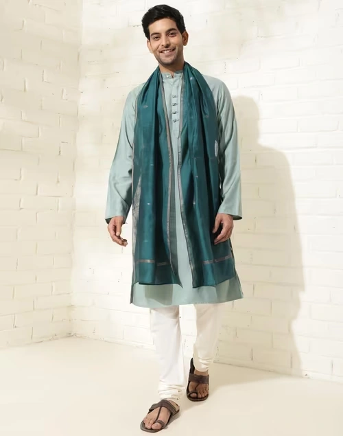 Teal Cotton Silk Blend Jamdani Men Stole