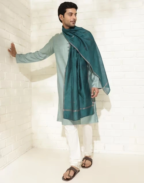 Teal Cotton Silk Blend Jamdani Men Stole