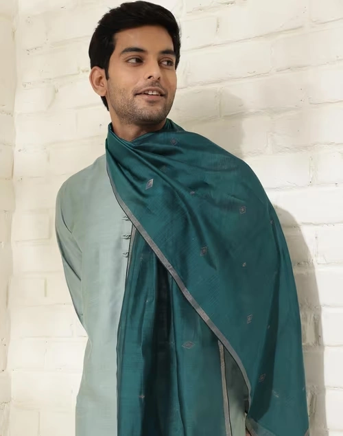 Teal Cotton Silk Blend Jamdani Men Stole