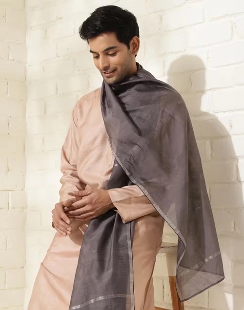 Grey Cotton Silk Blend Jamdani Men Stole