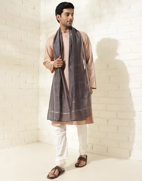 Grey Cotton Silk Blend Jamdani Men Stole