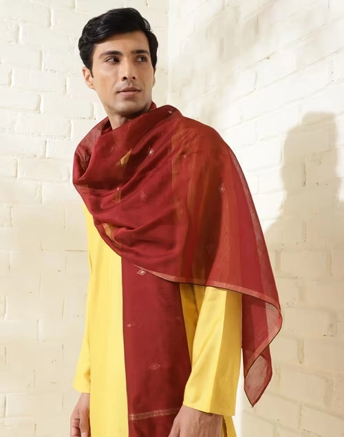 Maroon Cotton Silk Blend Jamdani Men Stole
