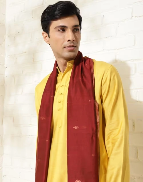 Maroon Cotton Silk Blend Jamdani Men Stole