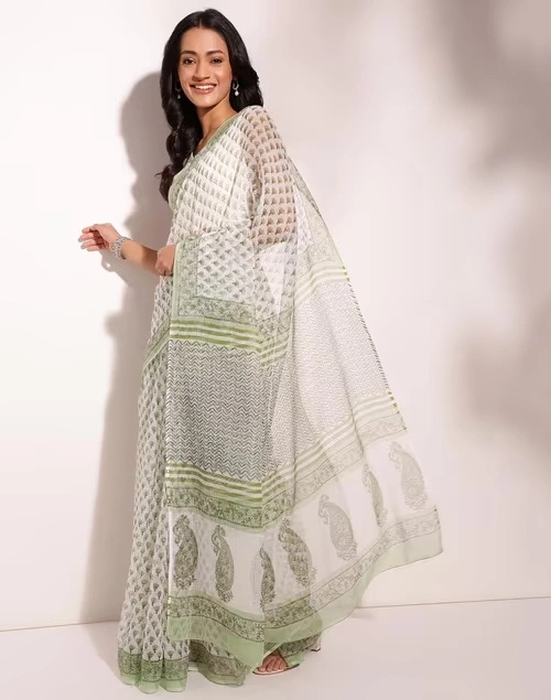 Natural Cotton Silk Hand Block Printed Sari