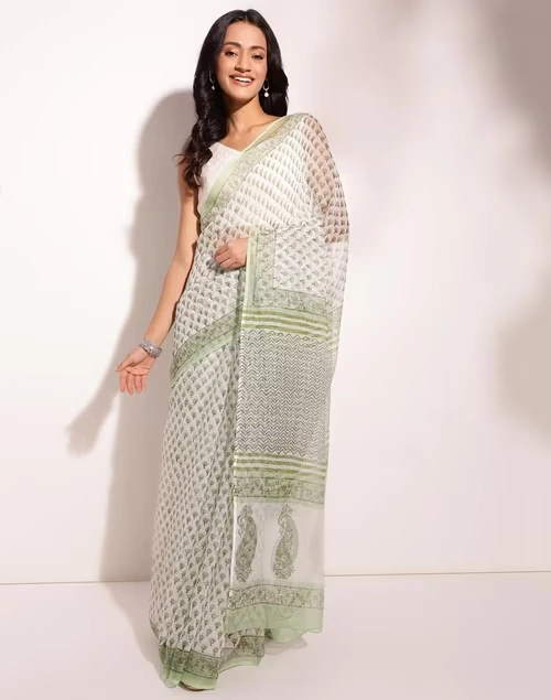 Natural Cotton Silk Hand Block Printed Sari