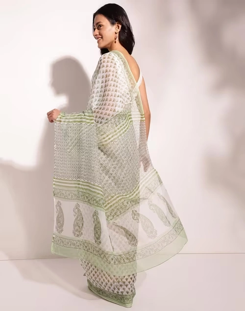 Natural Cotton Silk Hand Block Printed Sari