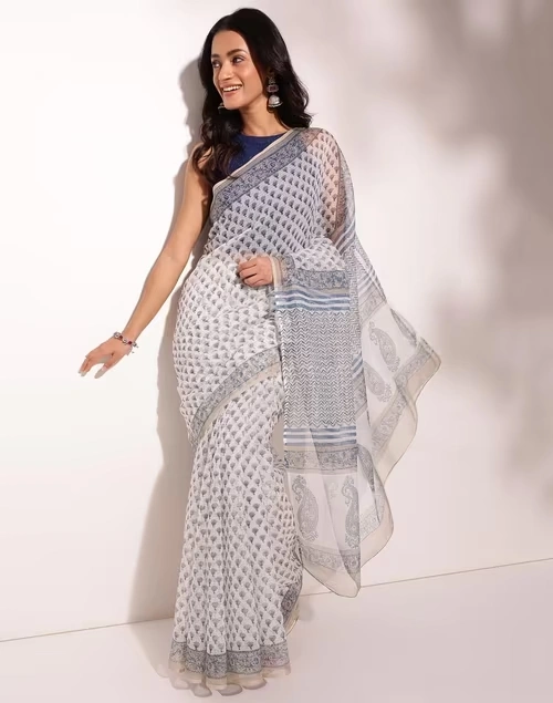 Natural Cotton Silk Hand Block Printed Sari