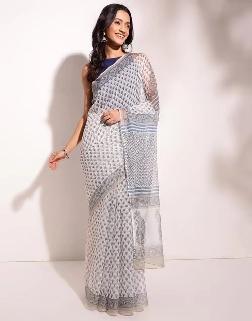 Natural Cotton Silk Hand Block Printed Sari