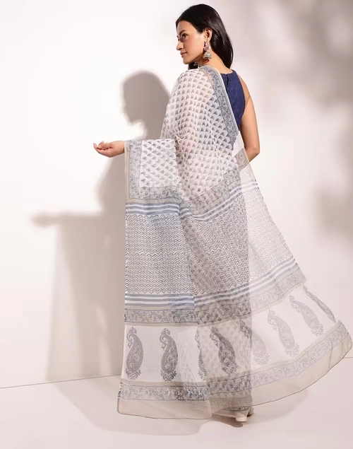 Natural Cotton Silk Hand Block Printed Sari