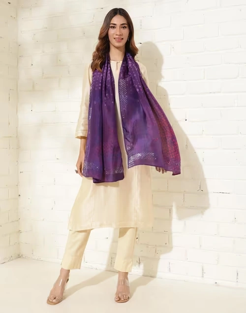 Purple Silk Printed Stole