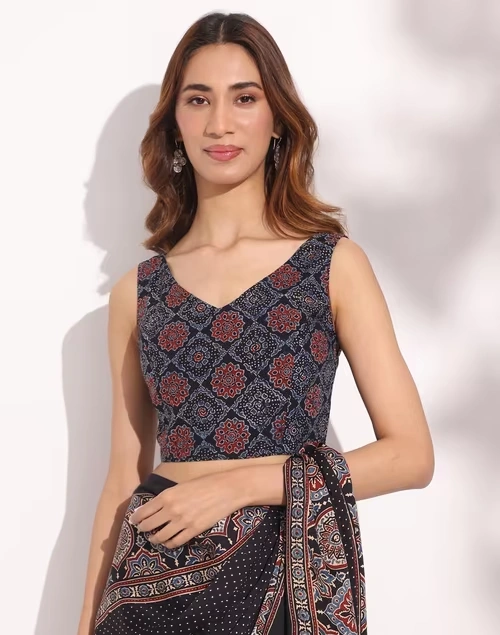 Black Cotton Hand Block Printed Stitched Blouse